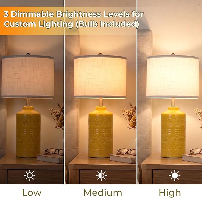 JUNNAI 25" Modern Bedside Ceramic Table Lamps for Living Room Mustard Yellow Nightstand 3-Way Dimmable Lamp Farmhouse Lamp for Bedroom Entryway Tabletop(Bulb Included)