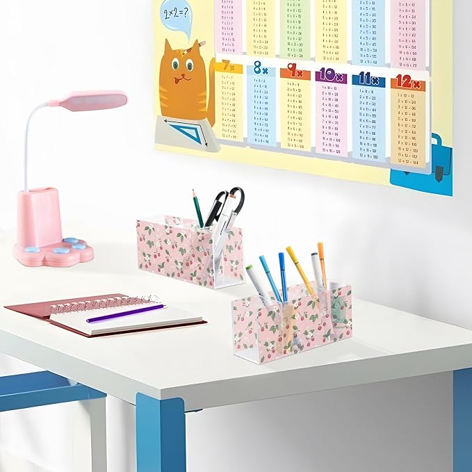 Flower Cherry Fruit Acrylic Pen Holder 4 Compartments with Prints, Desktop Makeup Brush Organizer Cutlery Acrylic Organizer Pencil Plastic Organizer Personalized Printed Pen Holder