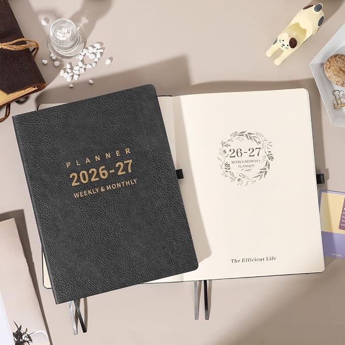 Planner 2026-2027 - 8.5" x 11" 2026-2027 Planner Weekly and Monthly, July 2026 - June 2027, Faux Leather Cover, Pen Holder, Pocket, 25 Notes Pages, A4 Premium Paper - Gray