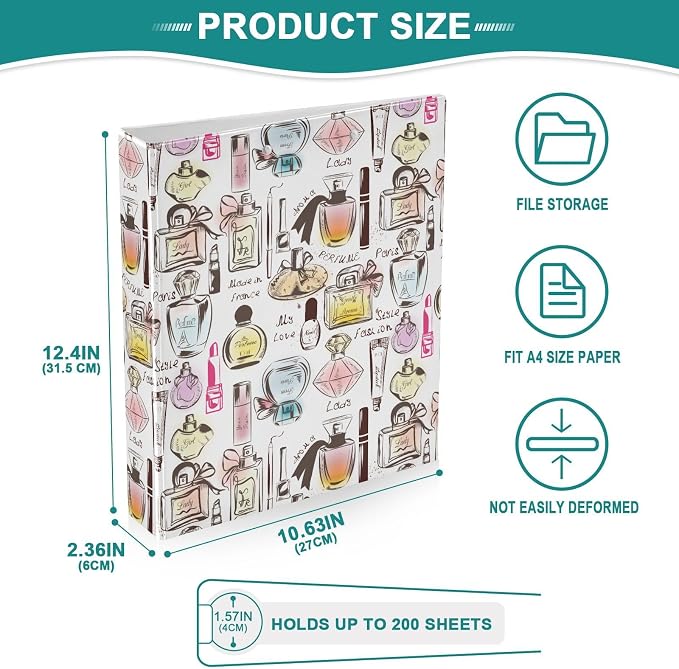 French Perfume Binder 1.5 Inch Binder with Clipboard&Pockets, Paris Perfume Hardcover Binders 3 Ring, Heavy Duty Large File Folder for Office School Supplies - Holds 200 Sheets