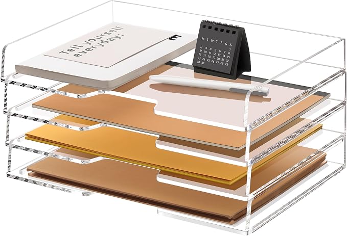 Acrylic Desk Organizer, Stackable Paper Organizer Letter Tray 4-Tier Clear | Enlarged File Organizer for Documents, Files, Letters, A4 Paper, Books, Notes, Mail & Paper Storage, Office Classroom Home