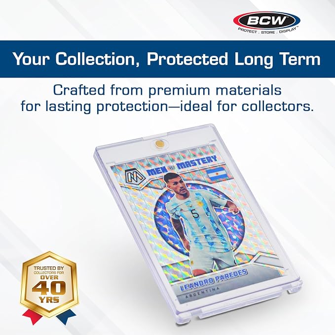 BCW 35 Pt Magnetic Card Holders with UV Protection, 10 Count | Clear two-piece cases use a gold magnet closure, recessed corners, and easy-open tabs for standard 35 pt trading cards.