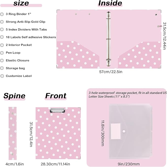 3 Ring Binder 1 inch with Clipboard - Pink Polka Dot Design, Includes Dividers, File Bag & Spine Label - Fun and Functional for School or Office, Holographic Waterproof Film