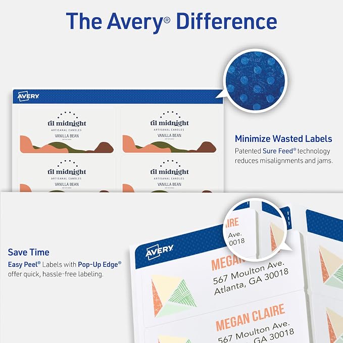 Avery Printable Shipping Labels with Sure Feed, 2" x 4" Customizable Stickers, Matte Clear, 1,250 Blank Mailing Labels Total, Great for Mailing, Shipping, and More (5-Pack of 8663)