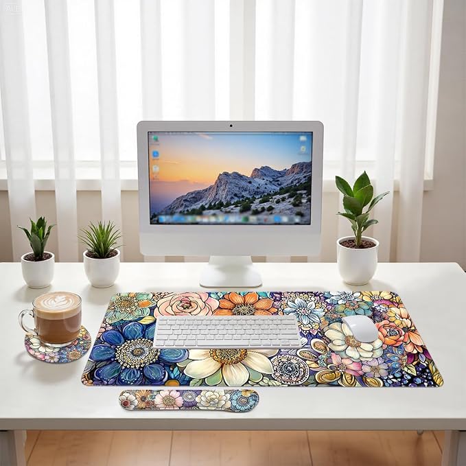Flowers Mouse Pad Set Colorful Abstract Floral Pattern Gaming Mousepad 4in1 Desk Mat for Desktop Wrist Support Cup Coaster Set Ergonomic Computer Desk Arm Wrist for Decor Home Office