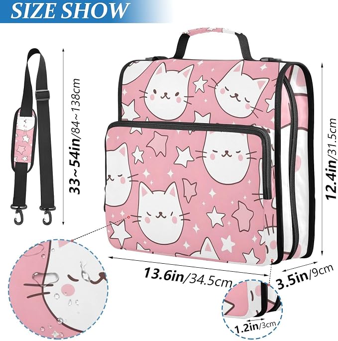 3 Ring Zipper Binder with Shoulder Strap Cat Star Pink 2 Inch Zippered Binder Bag 500 Sheet Capacity Multi Pockets for School Supplies