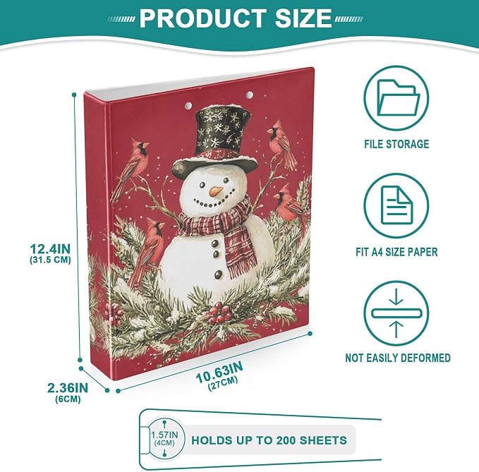 Christmas Snowman Xmas Birds Red 3 Ring Binder 1.5" Decorative D-Ring Binder with Clipboard&3 Clear Pockets, Holds 200 Sheets A4 Size Paper Waterproof Binders for School Home Office