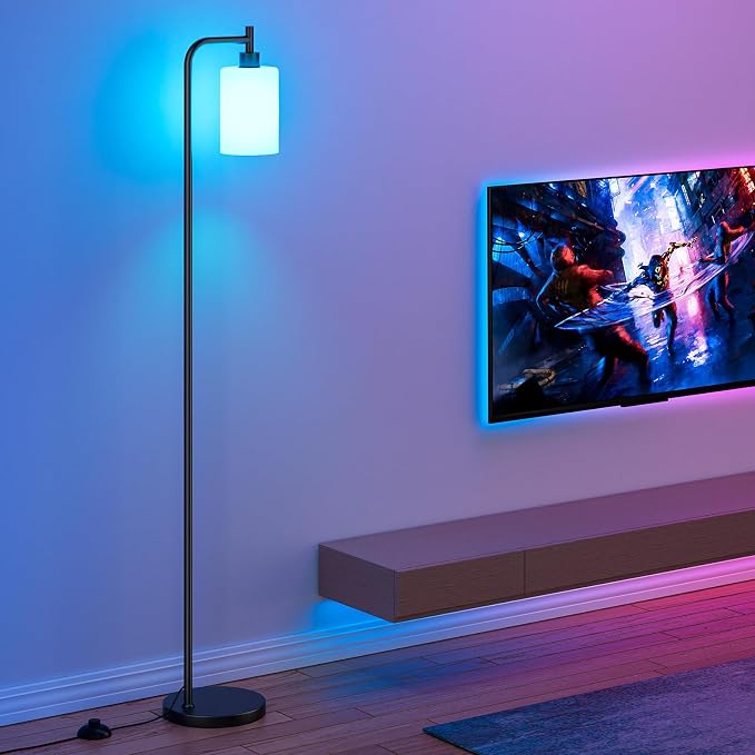 Ziisee RGB Floor Lamps for Living Room, Dimmable Industrial Standing Lamp with Remote Control for Bedroom Office Corner, 3 Colors Temperature, White Glass Shade, 9W RGB LED Bulb