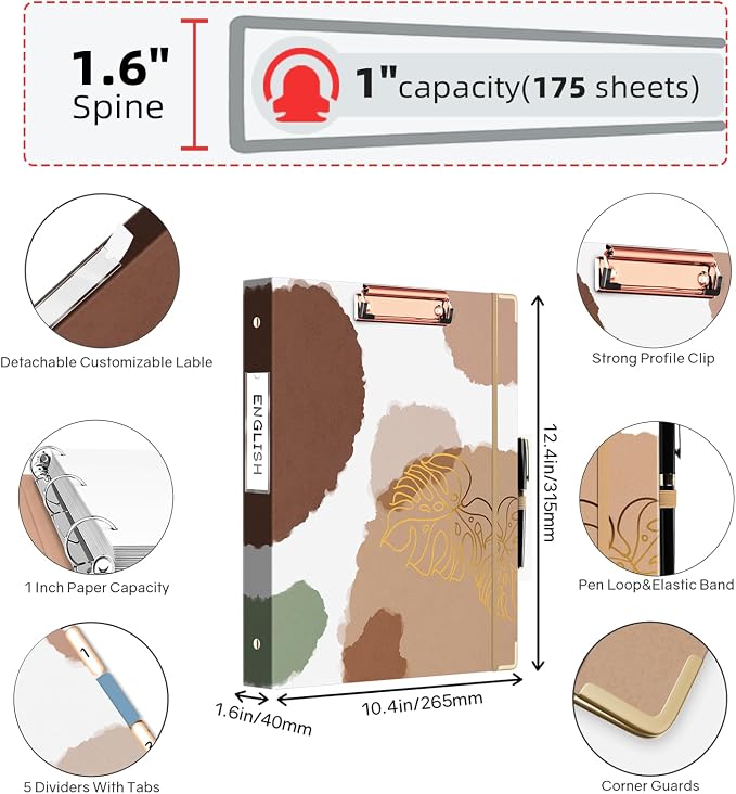 EYROZILL Cute 3 Ring Binders 1 Inch, Binder with Dividers and Clipboard on Front, 8.5" x 11" for Appointment Record，Prescription Tracking, Lesson Plan (Brown Impression)