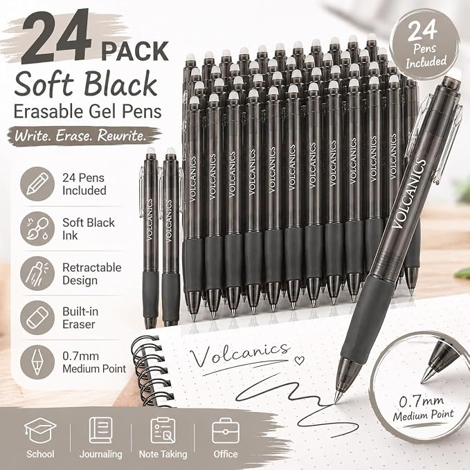 Volcanics Erasable Gel Pens, Retractable, 0.7mm, Soft Black,24 Pack