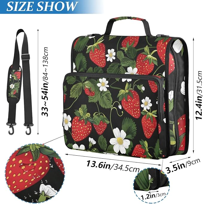 Strawberry Fruit Flower 3 Ring Zipper Binder Bag Binder Organizer with Handle Shoulder Strap for School Work Office Supplies