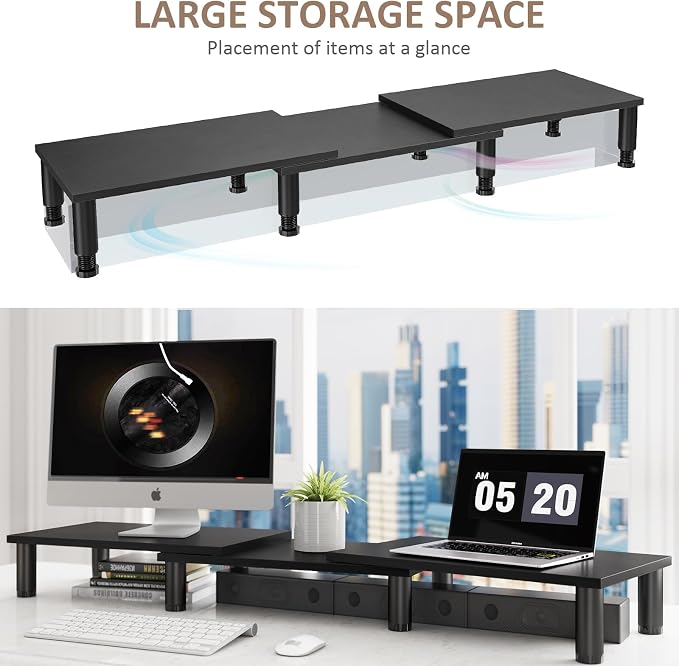 Dual Monitor Stand Riser, Monitor Stand with Adjustable Height Steel leg, Wood Monitor Stand for Desk, Monitor Riser for 2 Monitors with Storage Space Black