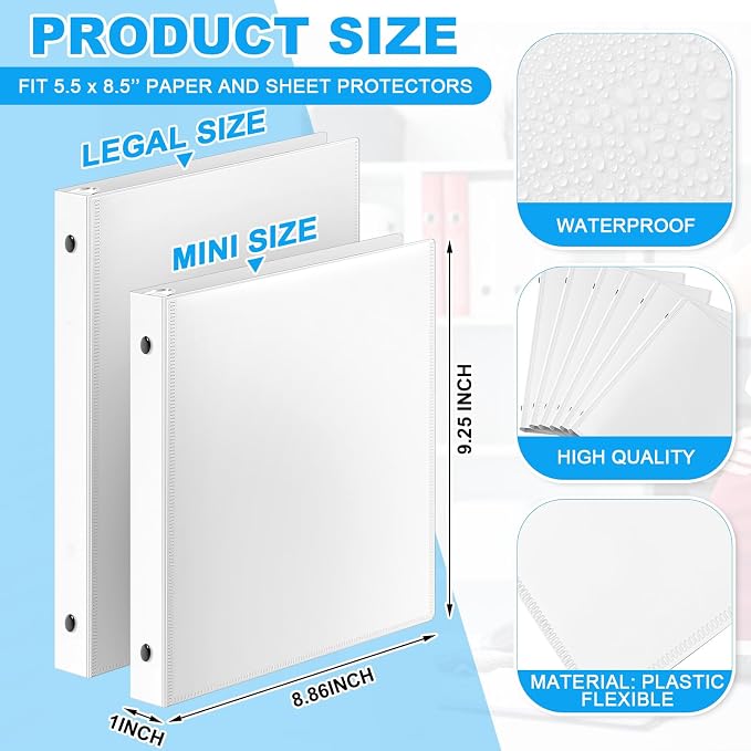 Henoyso 1 Inch 6 Pack Mini Clear View 3 Ring Binders for 5.5"x8.5",White | Holds 240 Sheets, Clear Front Covers, Flexible Plastic Binder Bulk, Three Round Rings, School Office Report Filing, Planners