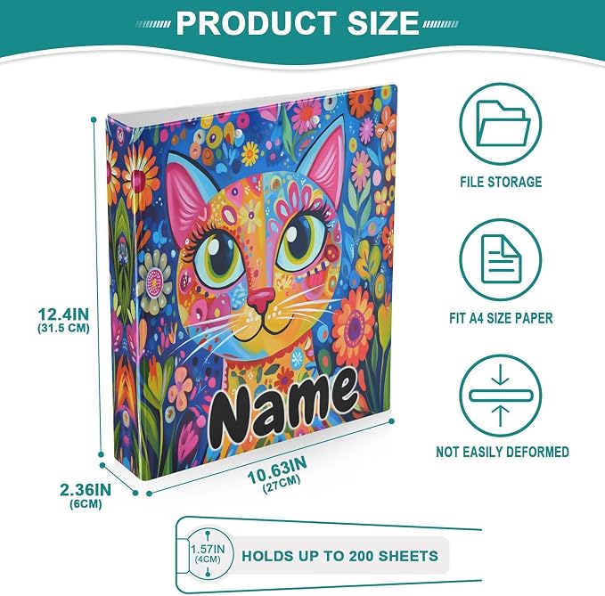 Custom 3 Ring Binder Colorful Cat Whimsical Style 1.5" Round Ring Binders Personalized Name View Binder with 200 Sheet for Kids School Supplies Women Men Office, 1 Pack
