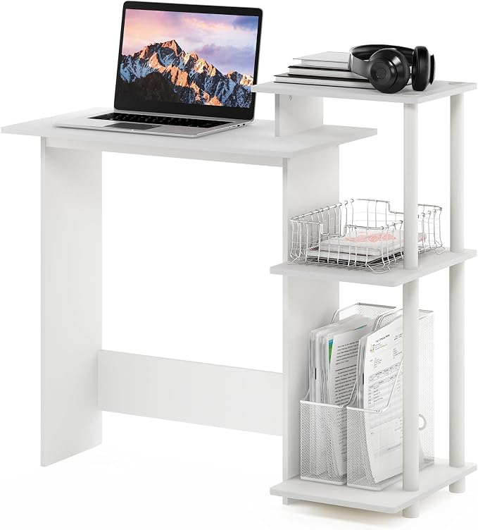 Furinno EFFICIENT Desk, 28.6" Wide Gaming Desk with 3 Open Side Shelves, Laptop Notebook Computer Desk, Office Desk for Home Office, Study Room, Dorm, Bedroom, White