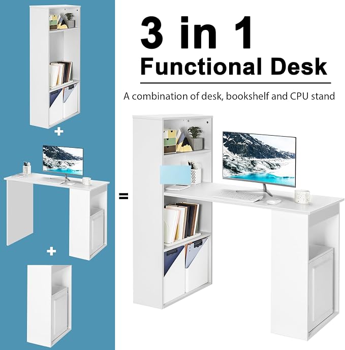 Tangkula White Computer Desk with Bookshelf, Writing Study Desk with Storage Shelves & CPU Stand, Modern Compact Computer Workstation for Home & Office, Space-Saving Design | Modern Compact Workstation w/Bookshelf Storage & CPU Stand, Space-Saving Desi...
