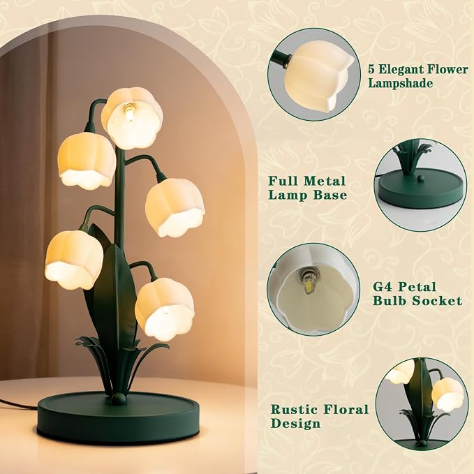 WERFOP Vintage Lily of the Valley Flower Table Lamp | 3 Color Adjustable LED Bedside Lamp, Cute Night Light for Bedroom, Living Room, Dorm Room, Office & Home Decor (Dark Green)
