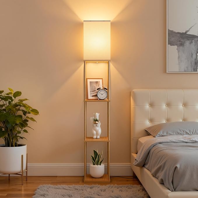 Floor Lamp with Shelves, 3-Tier Modern Square Bookshelf Standing Lamp Wood | 3 Color Temperature Bulb Included, Pull Chain Tall Lamp for Living Room Bedroom Corner Office Apartment Decor