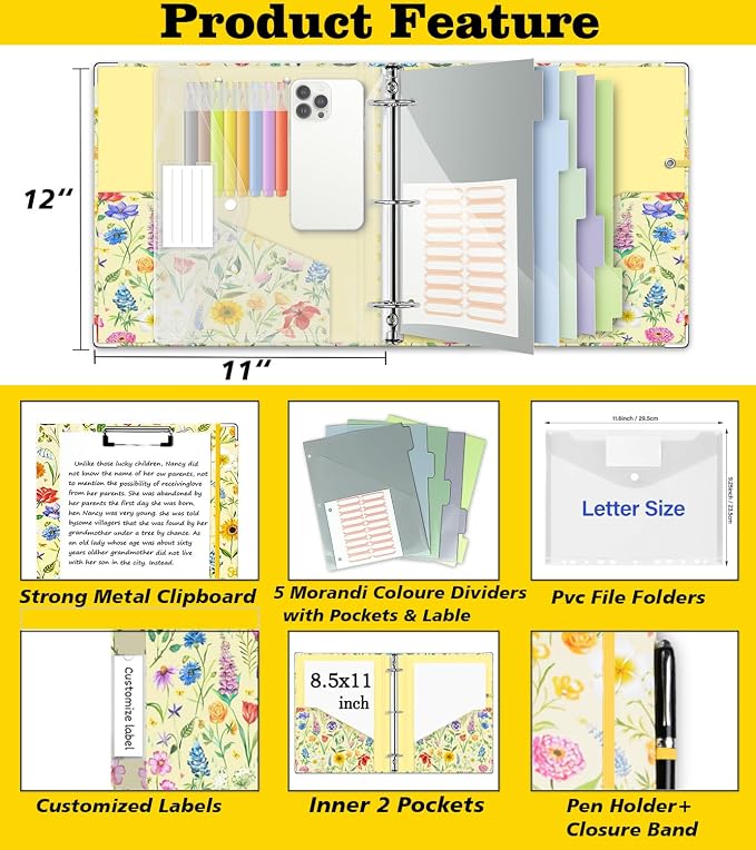 3 Ring Binder 2 Inch, Three Ring Binders Organizer with Clipboard, 5-Tabs Pockets Dividers, Plastic Folder, 18 Divider Stikers, KLLVE Cute Binder with Pen Loop (Garden Party, Letter Size)