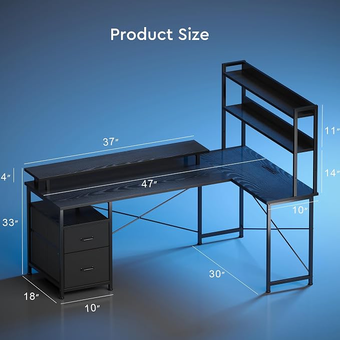 L Shaped Gaming Desk, Reversible with LED Lights, Shelves, Charging, Black | Reversible, LED lights, Charging, Monitor stand
