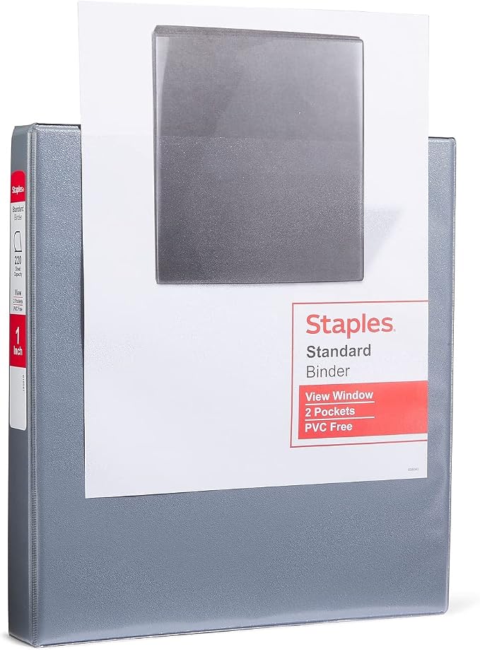 Staples Standard 1" 3-Ring View Binder, Gray