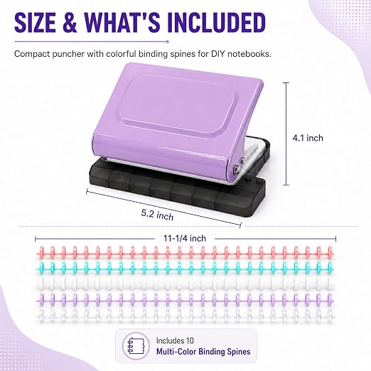 10 Hole Punch Binding Machine Kit for Planner (Purple) with 10 Multi-Color Spiral Coils, Adjustable A4 A5 B5 Paper Puncher, DIY Notebook Scrapbook Maker for Home Office School Organization