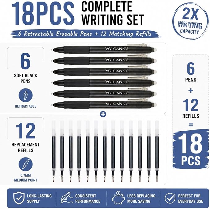 Volcanics Retractable Clicker Erasable Gel Pens, Soft Black, 0.7mm, 18 PCS