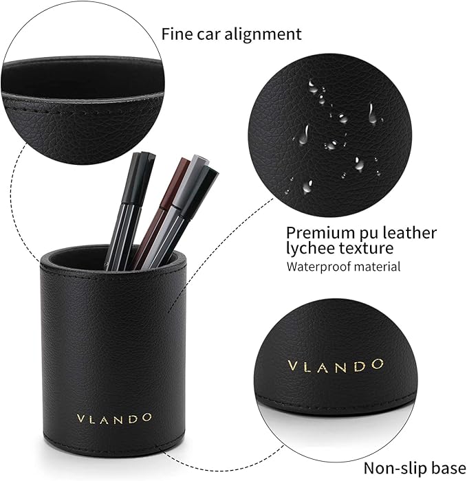 VLANDO Office Desk Organizer Leather Desktop Organizer Caddy with Drawer for Storing Desktop Supplies and Accessories (Black Set) | Black leather desk organizer set combines divided desktop storage and a pull-out drawer for office supplies and accessories