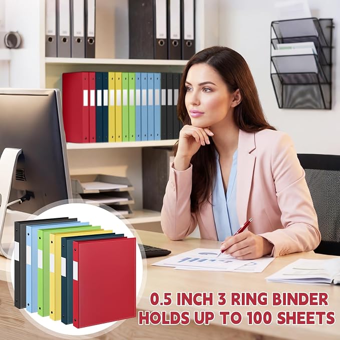 Henoyso 1/2 Inch 3 Ring Binders with Clear Front Cover and 2 Pockets, Round Ring Binders Fits 8.5'' x 11'' Letter Size Paper for School Office Supplies, 12 Pack (Assorted Color)