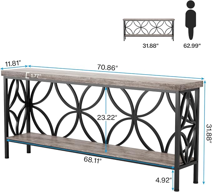 LITTLE TREE Sofa Table, 70.9 Inch Industrial Behind Couch Table with Storage Shelves, Narrow Long Console Table for Entryway, Living Room, Foyer, Hallway, Office
