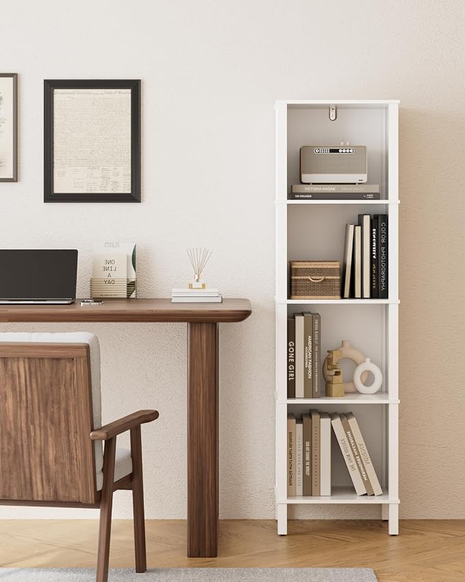 Bookshelf, Modern 4-Tier Bookcase, Open Storage Book Shelf, 11 × 14.2 × 50.4 Inches, Small Narrow Bookshelves for Living Room, Home Office, Bedroom, White