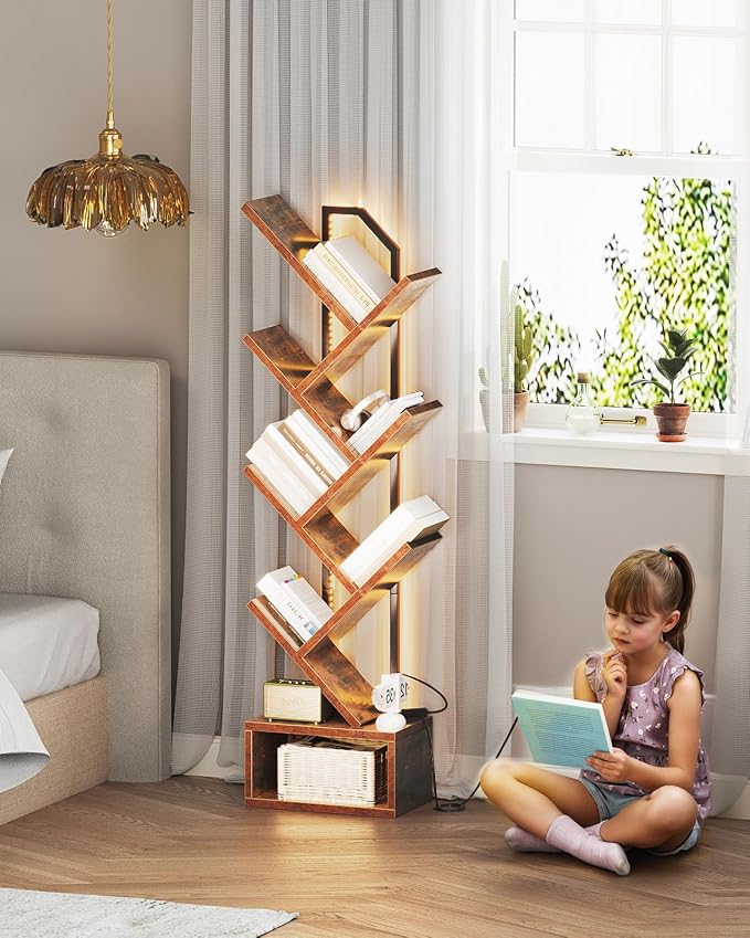 Casaottima Tree Bookshelf with LED Lights, 6-Tier Small Bookshelf, Vintage | Narrow Bookcase for Small Spaces, Steel & Wood Storage Shelf with Cabinet, Home Organizer for Living Room, Bedroom, Office
