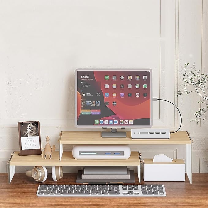 YGYQZ Adjustable Monitor Stand Riser, 7.67"×19.3" Dual Monitor Desk Stand | Adjustable Monitor Riser, Expandable Desk Organizer, 2-Tier Storage, Acrylic Legs, Ergonomic Workspace, Wood Wavy