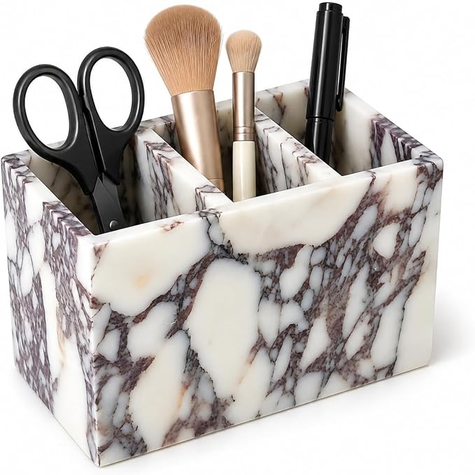 3-Compartment Natural Marble Desk Organizer, 5.91 in | 3-Compartment Natural Marble Organizer for Pens, Brushes and Small Items