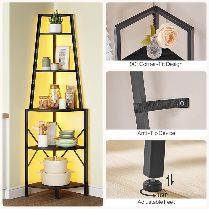 HOOBRO 5-Tier Corner Shelf with LED Lights, 67.9” Tall Corner Shelf Stand, Corner Bookshelf, Corner Plant Stand Display Shelf, for Living Room, Kitchen, Home Office, Black BB120DCJ01