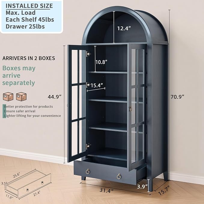 RowyPoey 71" Tall Arched Cabinet Bookshelf with Glass Door & Storage Drawer | Modern Farmhouse Display Cabinet,Adjustable Shelves,Wooden Kitchen Pantry for Dining Room,Living Room,Navy Blue,2 Pack