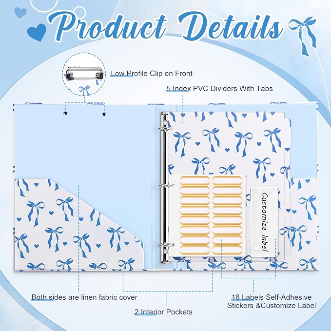Colarr 3 Ring 1 Inch Blue Bow Binder with 2 Pockets Cute Bow Knot Clipboard Binder Organizer for Back to School 8.5" x 11" Letter Size 5 PVC Index Dividers with Tabs 18 Label Stickers Office Supplies