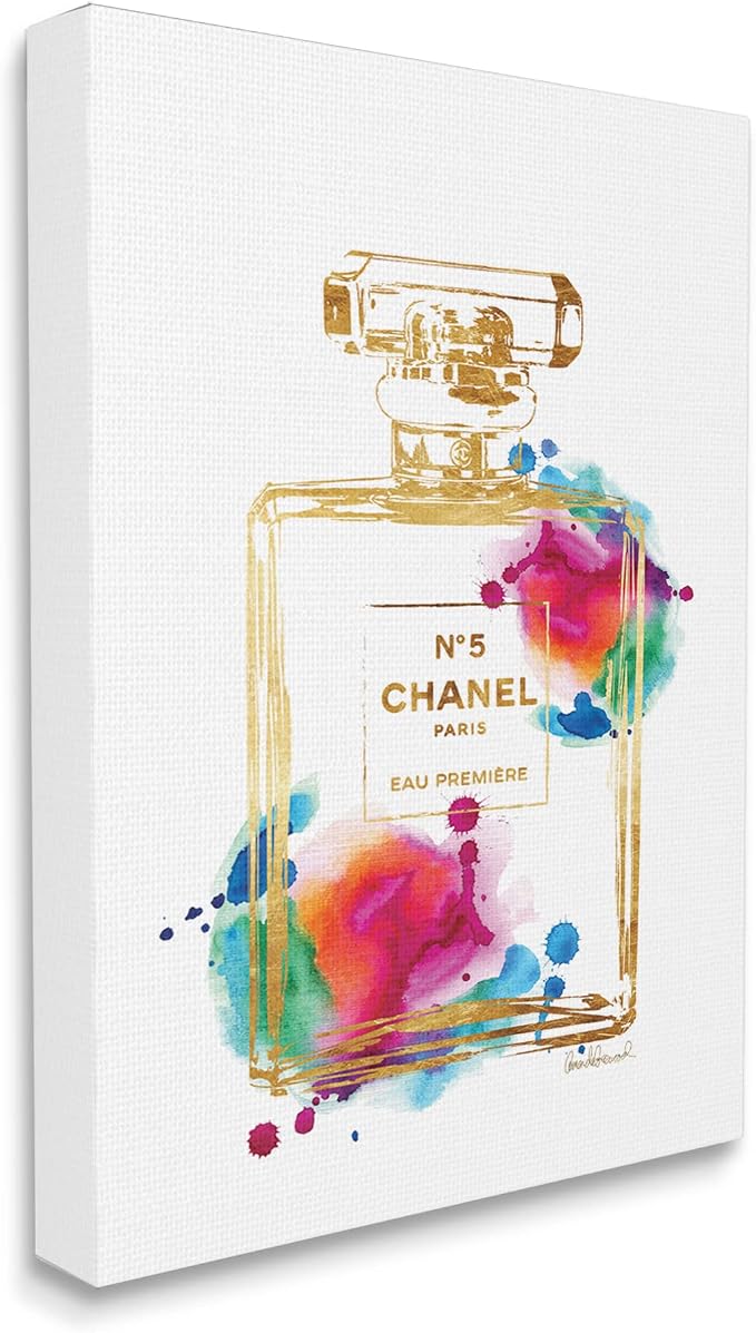 Stupell Industries Fashion Perfume Gold Rainbow, Design by Amanda Greenwood, Gallery Wrapped Canvas, 36 x 48 | Stupell Industries · By Amanda Greenwood · Ready to hang · Chic decor for bedroom or dressing room · Made in USA