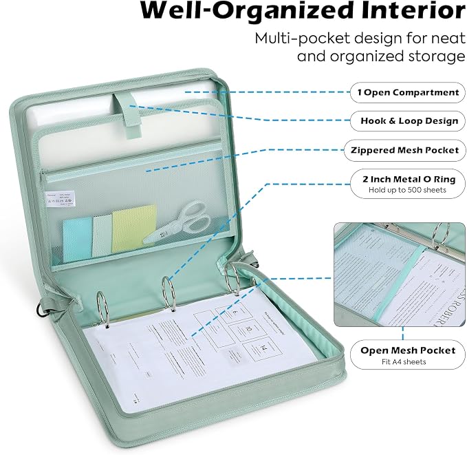 MoKo Zipper Binder, 2-Inch 3-Ring, 500 Sheets, 5-Tab File Folders, Green | 420D nylon with five dividers, multiple pockets, a padded handle and adjustable shoulder strap.
