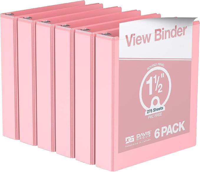 Pack of 6 Premium View Binders, Ring Binders with Clear-View Cover and Interior Pockets, Pastel Color Options, 1.5 Inch, Blush