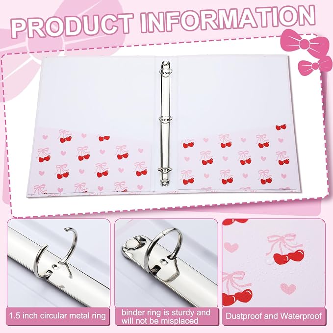 ReliThick 2 Pcs Cherry Coquette Pink 3 Ring Binder Bow Clipboard Cute Binders 1 Inch Round Ring with Interior Pockets for Coquette School Supplies Office A4 Paper