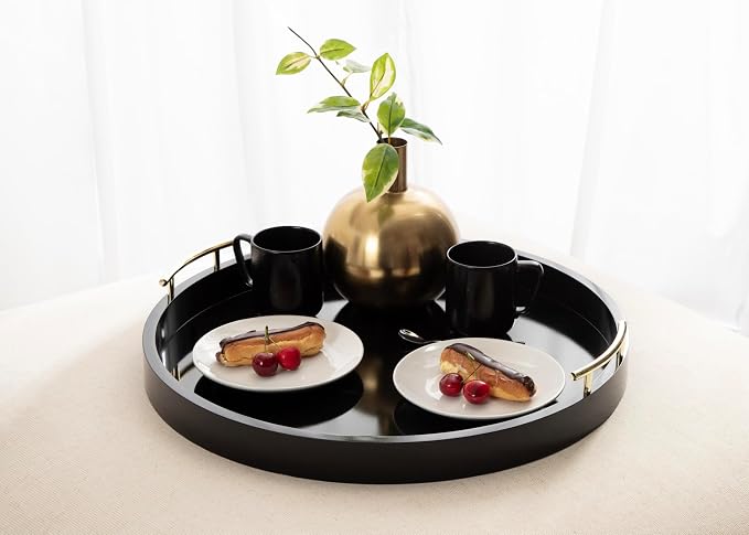 Kate And Laurel Lipton Modern Round Ottoman Tray; 22 Inch Diameter; Black and Gold; Decorative Circle Coffee Table Tray for Living Room Decor or Large Serving Tray