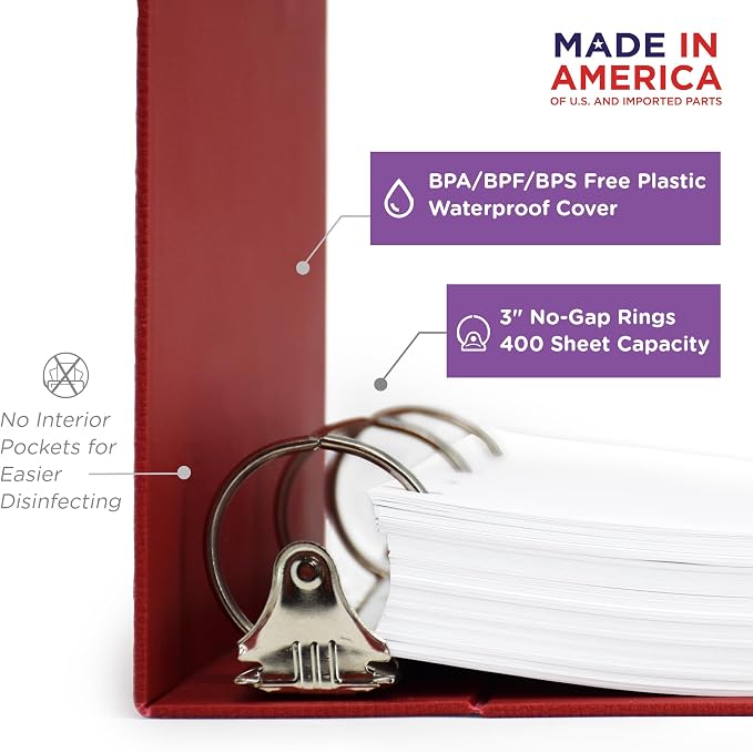 Carstens 3-Inch Heavy Duty 3-Ring Binder - Side Opening, Brick Red, Durable Plastic, Precision No-Gap Rings, Waterproof Cover, No Pockets, Holds 400 US Letter Sheets, BPA-Free, Made in USA (1740-3R)