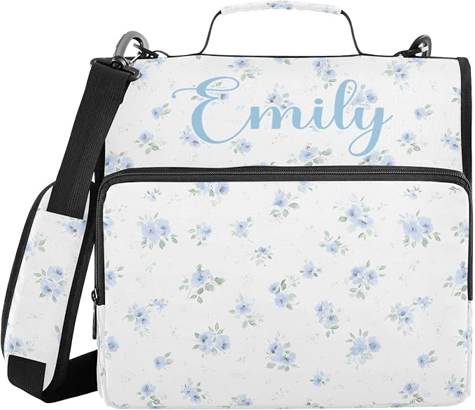 Custom Personalized Name Blue Small Floral Zipper Binder 3 Ring