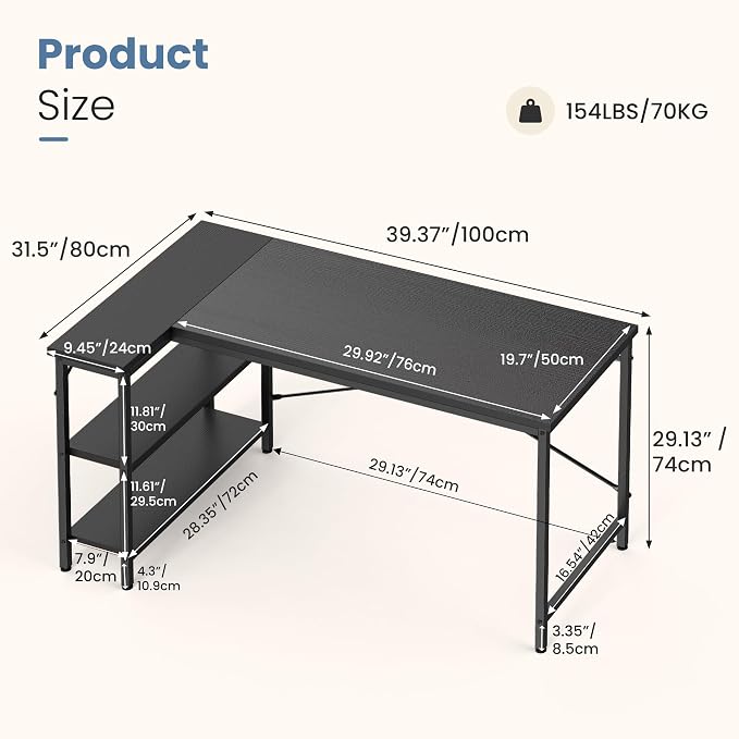 DUMOS 39" L Shaped Computer Desk, Gaming Corner Desks with Storage Shelves | Home Office Working Desk, Writing Study PC Desk with Reversible Layout, Bedroom Dorm, Black