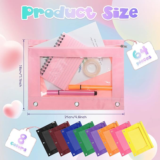 Leinuosen 64 Pack Pencil Pouch Bulk for 3 Ring Binder, Pencil Case with Zipper and Clear Window 8 Assorted Color Storage Bag for Office, Back to School Classroom Supplies