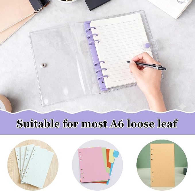 A5 Binder 6 Ring, Clear PVC Notebook Cover, Refillable Planner | Loose Leaf Budget Binder with Snap Button Closure, Round Ring Binder for School Office Home, 2 Pack, Purple and Pink