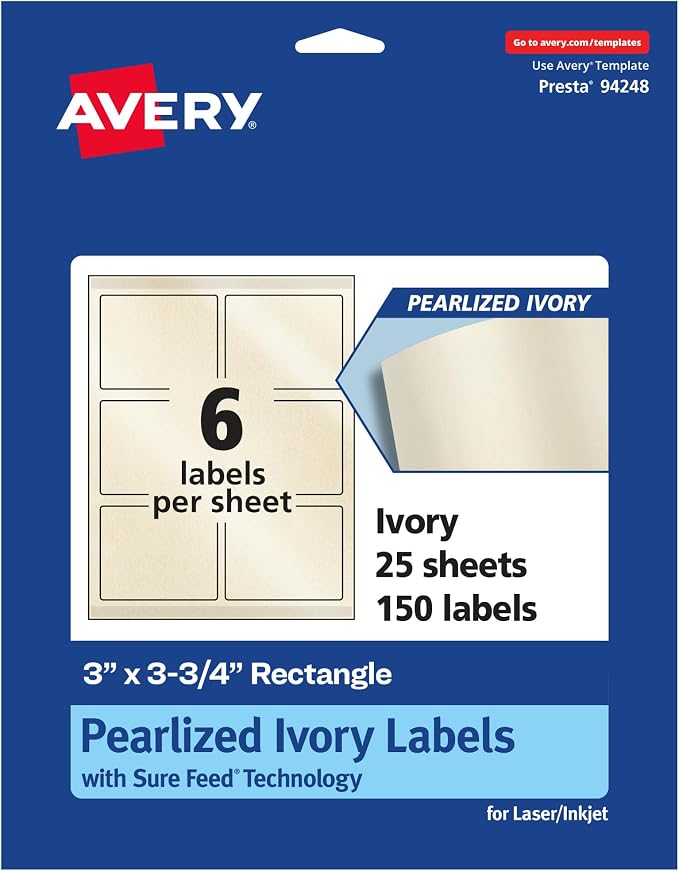 Avery® Pearlized Ivory Rectangle Labels, Sure Feed® Technology, Print-to-The-Edge, 3" x 3.75", 150 Pearlized Ivory Labels, Laser/Inkjet Printable