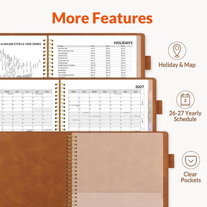SUNEE 2026-2027 Weekly & Monthly Planner 6.4"x8.5" - 12 Month (July 2026 - June 2027), Vegan Leather Cover Planner Academic Year Calendar, Pocket, Notes, Monthly Tab, Brown