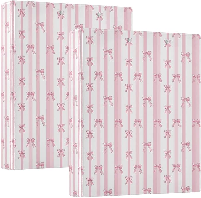 Pink Bow Stripe 3 Ring Binder 1.5 Inch 2 Pack with 200 Sheet for Kids School Supplies Women Men Office